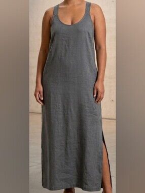 Limited America 100% Linen Cross Back Maxi Dress Size 14 Gray Side Slits